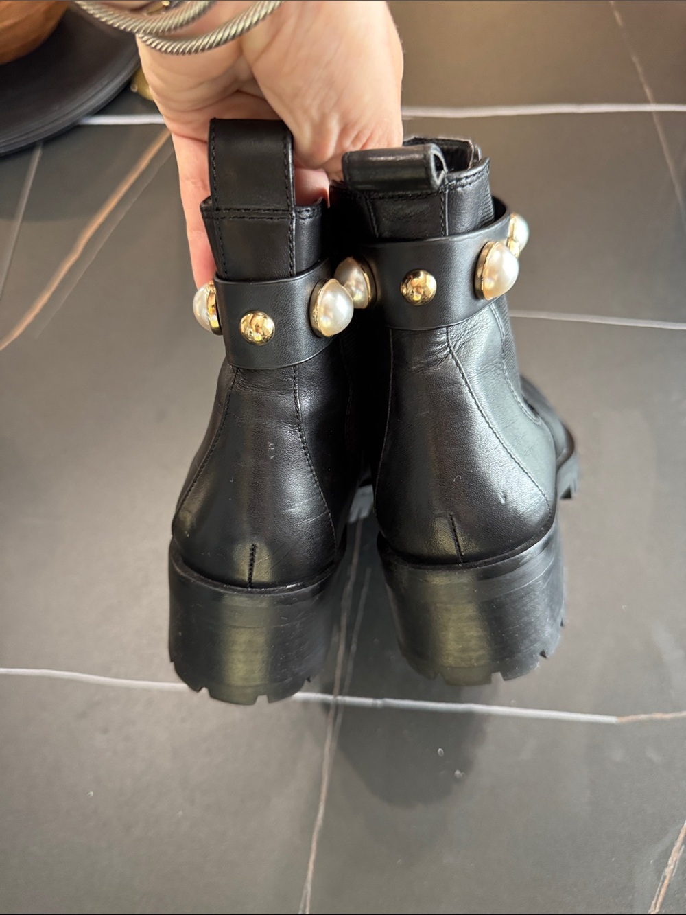 Karl Lagerfeld Black Leather Ankle Boots with Pearl Studs - Picture 7 of 8